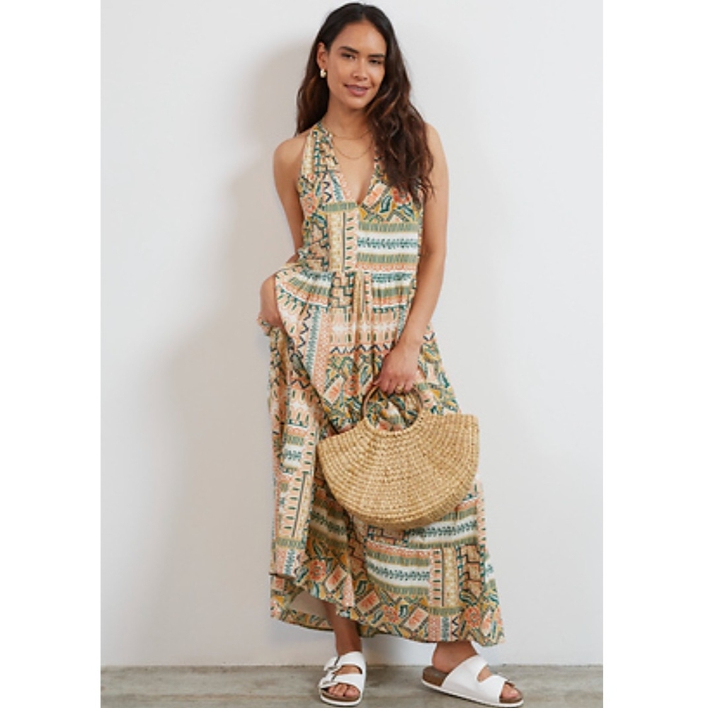 Bila Multicolor Maxi Dress Geo Print Split Neck Maxi Dress Sz L